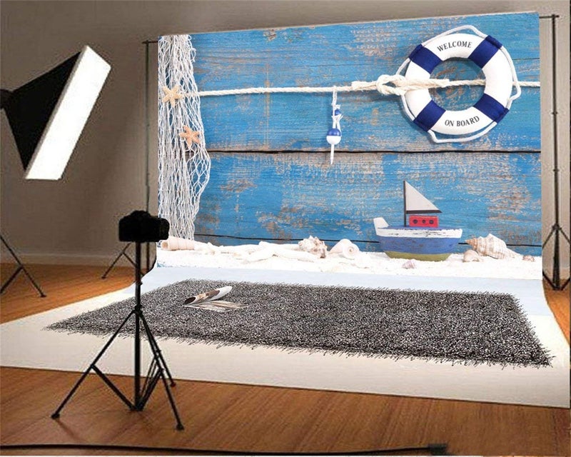 AOFOTO 7x5ft Nautical Style Backdrop Mariner Seafaring Photography Background Wood Board Ship Life Buoy Shell Boat Kid Sailor Baby Artistic Portrait Photo Shoot Studio Props Video Drop Wallpaper Drape - Image 3